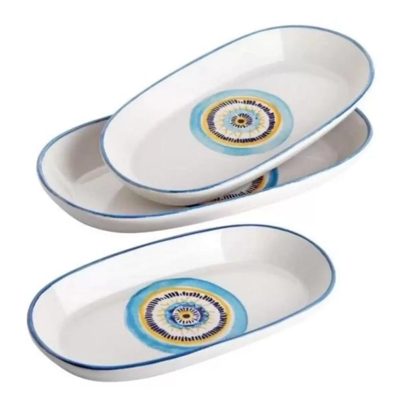 Balsa White Blue Porcelain Eye Oval Plate 3pcs