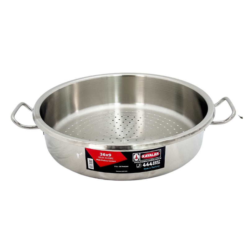 Kayalar Silver Stainless Steel Wide Shallow Cookers with Strainer 36*9cm 9lt