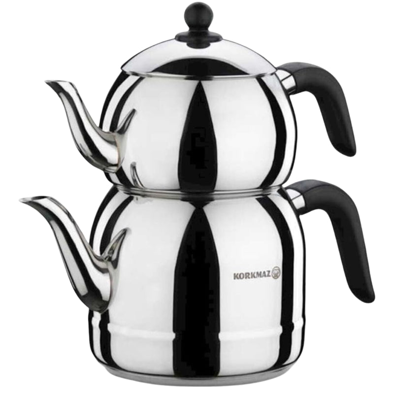 Korkmaz Silver / Black Stainless Steel Kappa Mega Tea Pot Set 3.0lt