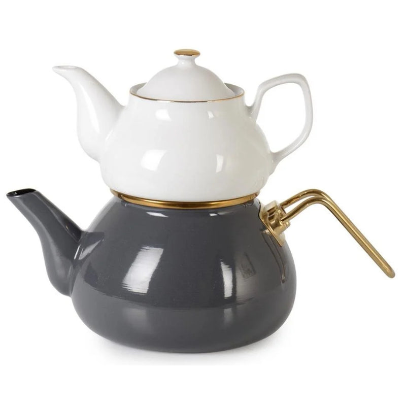 Ipek Grey/ White Enamel / Porcelain Tea Pot Set