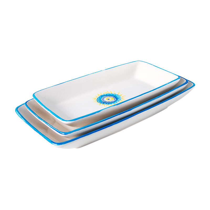 Balsa White Blue Porcelain Eye Rectangular Plate 3pcs