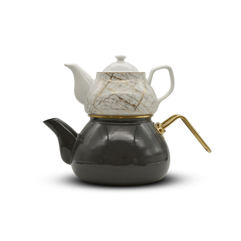 Ipek Grey / GoldWhite Enamel / Porcelain Tea Pot Set