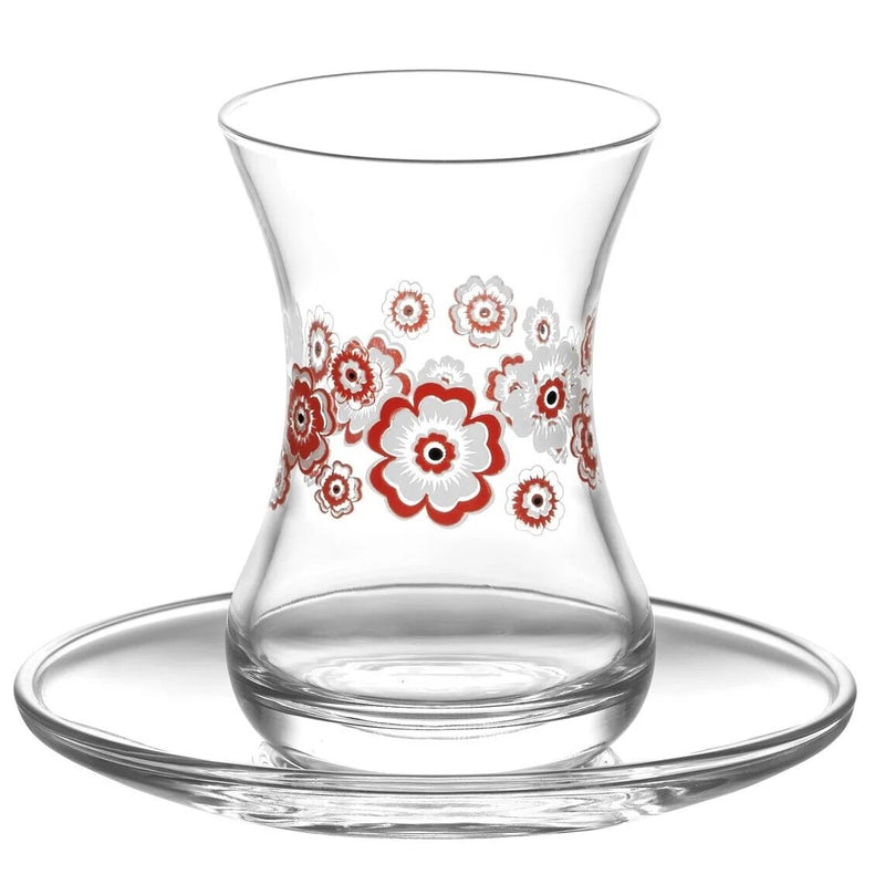 Pasabahce Red Glass Flower Print Tea Cup & Saucer Set of 12 135cc