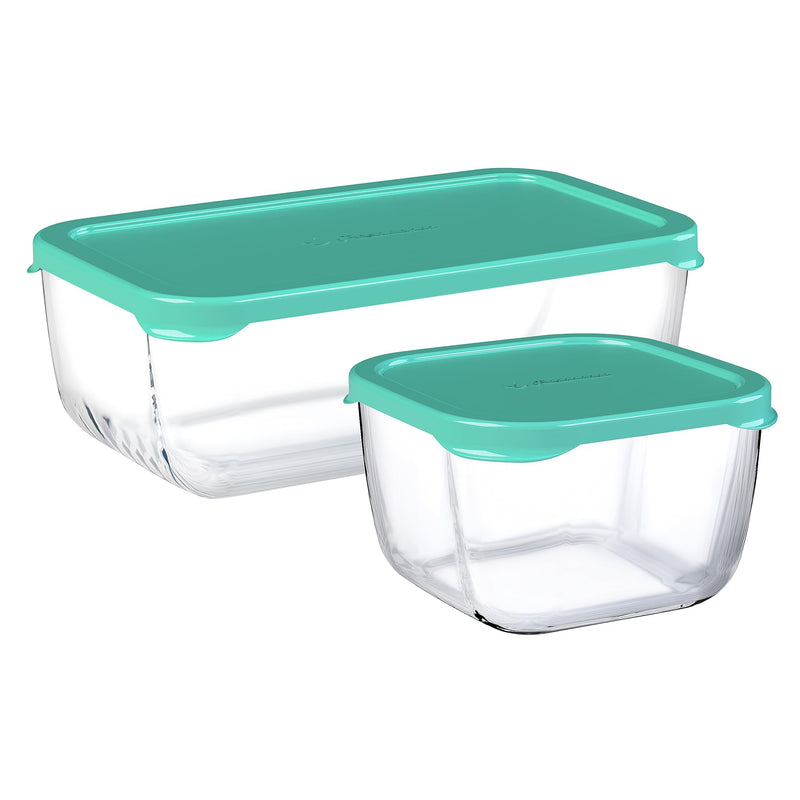 Pasabahce Turquoise Glass Snowbox Food Storage Container With Lid Set Of 3