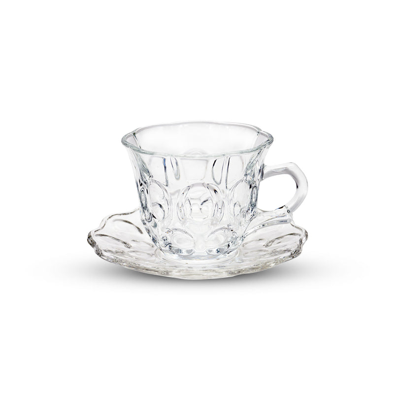 Delisoga Clear Glass Deli Tea Cup With Handle and Saucer Set of 12 145ml
